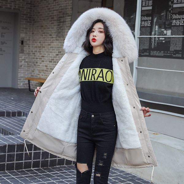 

2021 new thickened lined rabbit hair warm parka outwear long big fur collar hooded winter jacket women slim windproof coat i7cx, Black