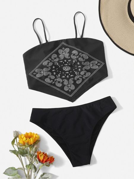 

plus paisley print hanky hem bikini swimsuit u4k5#, Black