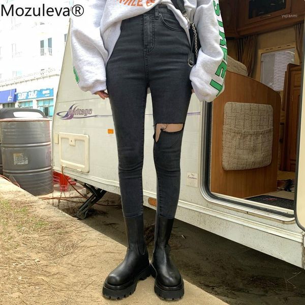 

2019 women ripped holes trousers black jeans elastic high waist skinny denim jeans winter casual stretch pencil pants female1, Blue