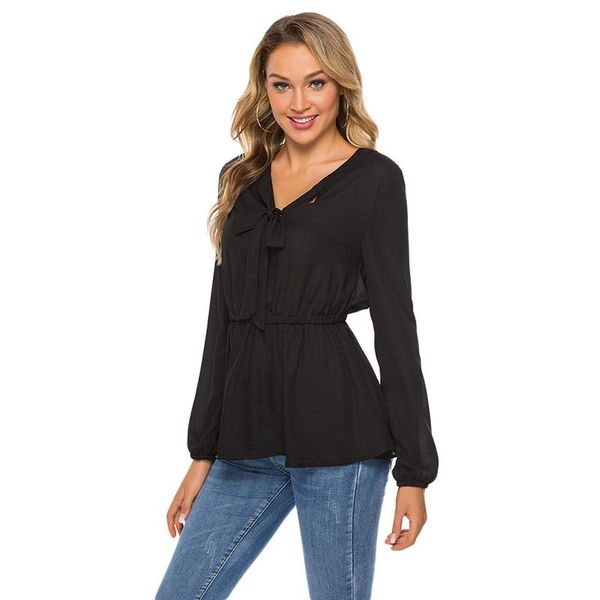 

women lace up ruffles women blouse v-neck vintage blusa 2021 spring summer solid slim fashion lady, White