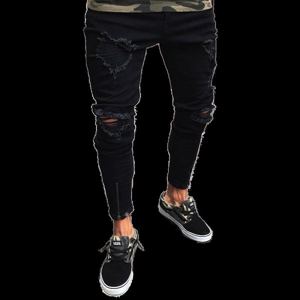 

new korean 2021 style men's fashion label ripped black wide turnup pants skinny hip-hop locomotive jeans vagg, Blue