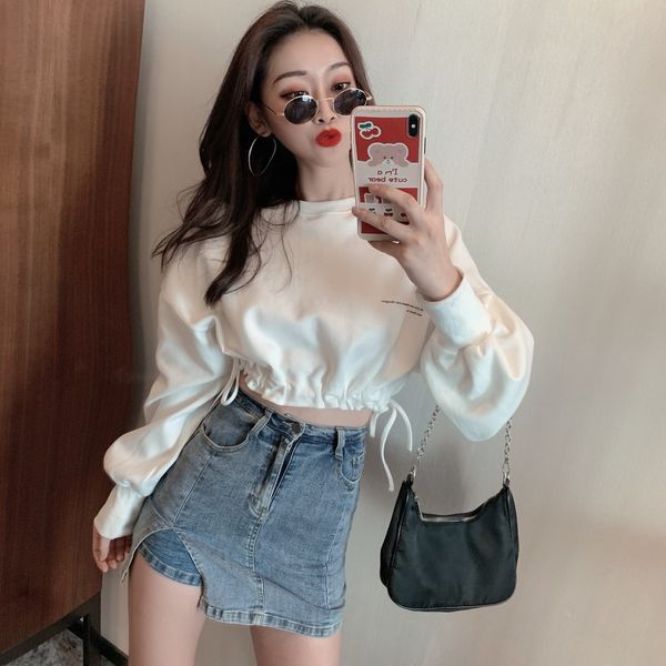 

autumn 2020 new korean round neck long sleeve loose and versatile short drawstring pullover letter sweater for women