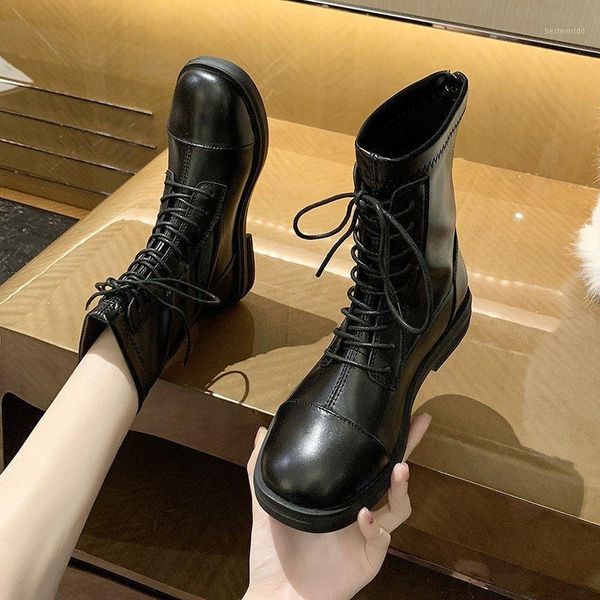 

boots lady flat heel rock shoes woman back zip zipper boots-women luxury designer round toe low mid-calf 2021 fashion1, Black