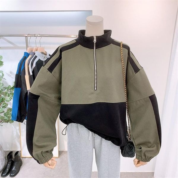 

fall 2021 safari style women's sweatshirt stand collar oversized cotton pullover female vintage half zip up sweat coats, Black