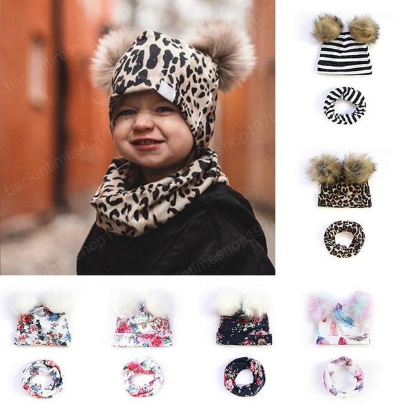 Bebek Sevimli Şapka Yenidoğan Çocuk Boy Kız Sonbahar Kış Çift Hairball Pom Şapka Önlüğü Eşarp Seti Leopar Çiçek Çizgili Beanie Cap