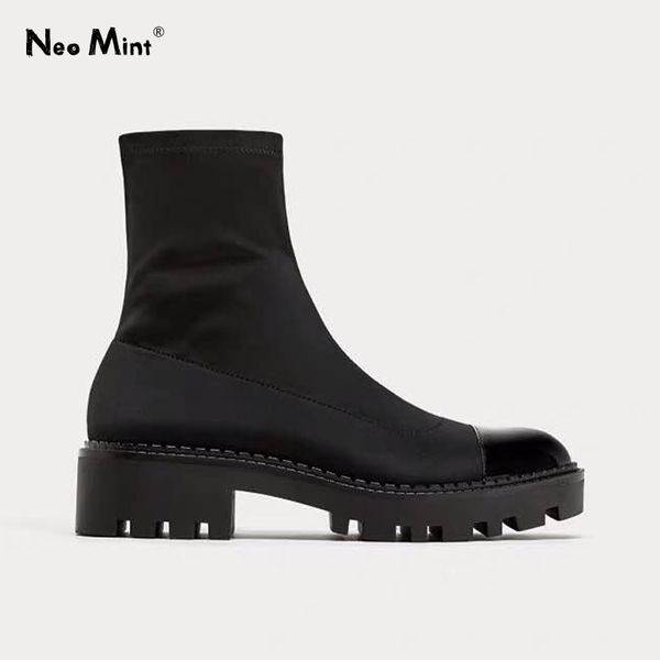 

chunky heel platform boots women slim stretch fabric sock boots platform ankle boots for women brand designer winter shoes woman y200723, Black