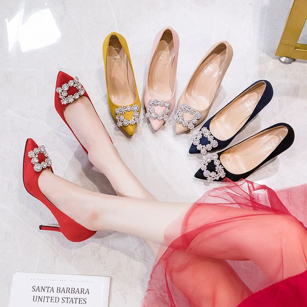 

women pumps rhinestone female high heels women shoes pointed toe dress shoes soft thin heel wedding shoes 2020 new arrival de y200702, Black