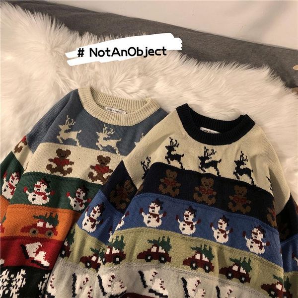 

2020 autumn winter new striped sweater men's korean version cartoon thickened loose personality ins clothes gray, White;black