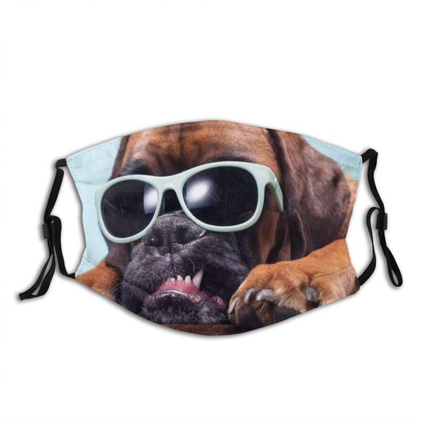 

close on dogs head sunglasses showing abstract dog face mask with replaceable filters activated carbon mask