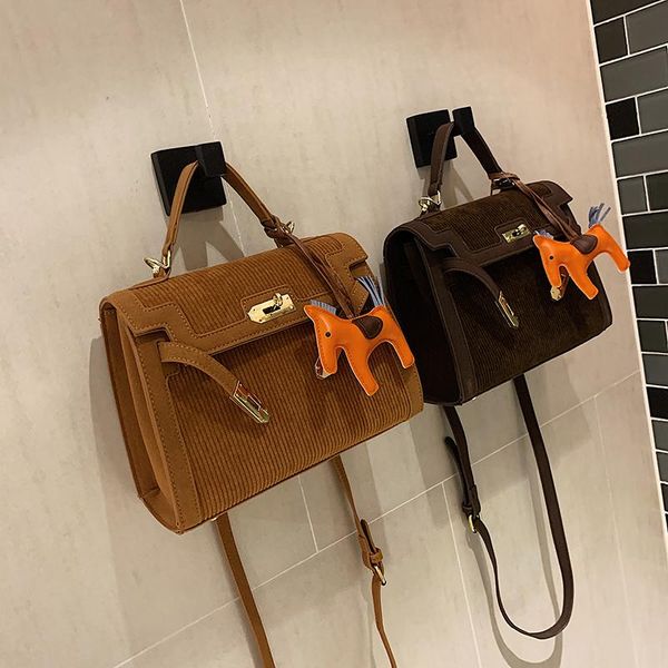 

retro solid color corduroy handbags for women 2020 exquisite pendant messenger shoulder bag new fashion female tote