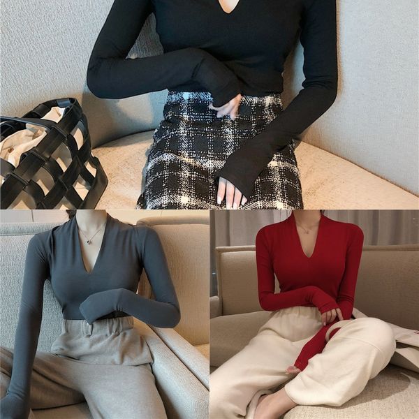 

south korea spring 2020 new slim fit long sleeve bottomed shirt women's show thin deep shirtshirt shirtv-neck versatile basic 9, White