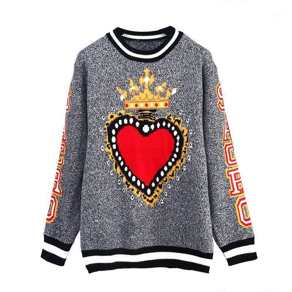 

runway designer gray heart crown print women sweater pullovers harajuku street 2018 winter christmas sweater jumper clothing1, White;black