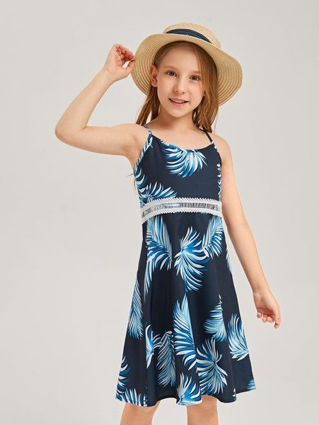 

girls tropical print guipure lace insert cami dress she, Red;yellow