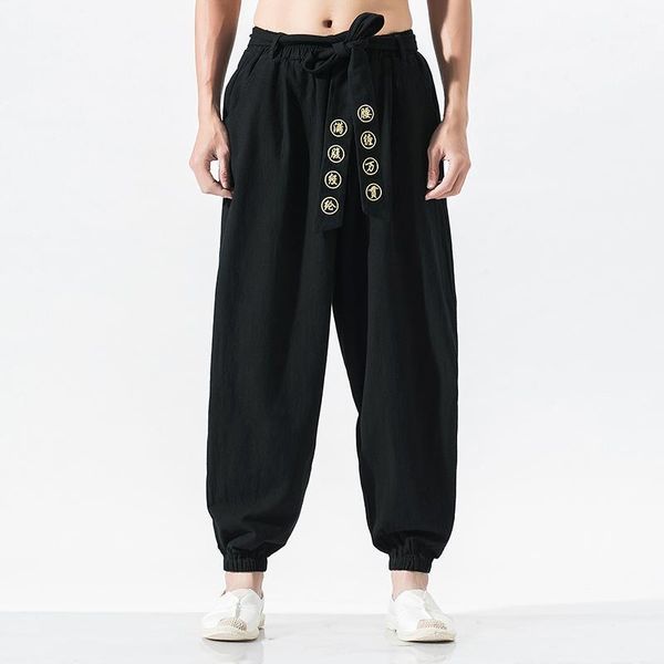 

streetwear loose casual harem pants men cotton elastic waist embroidery trousers hip hop wide leg mens quality chinese1, Black