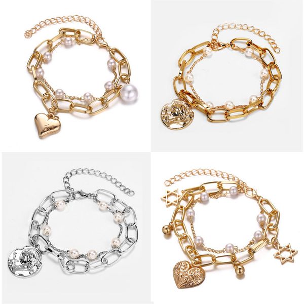 

fashion pearl alloy double layer charm bracelets for women designer retro simple love bangle luxury jewelry men's gold ladies sterling, Golden;silver