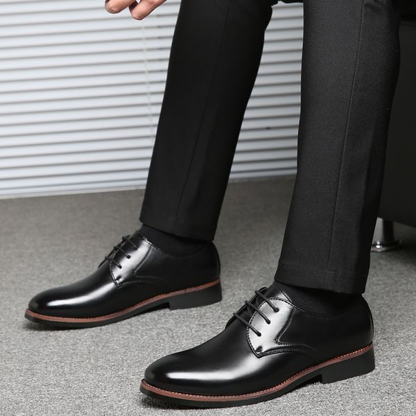 

2020 new spring single shoes male leather shoes business men dress solid fashion round toe lace-up leather dropship, Black