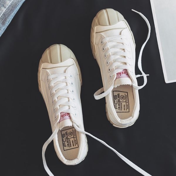 

women canvas shoes lace up woman sneakers fashion ins style solid color flat heel students leisure shoes women vulcanize shoe y200801, Black