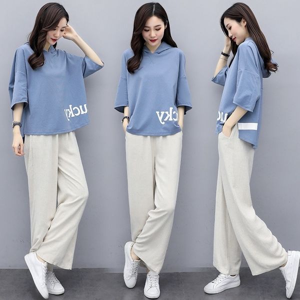 

4la9z suitwide hemp wide leg set women's spring and casual 2020 new korean leg suit pants cotton fashion pants suitloose and slim summe, Gray