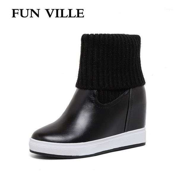 

boots fun ville 2021 fashion women ankle genuine leather winter warm height increasing thick platform flats shoe1, Black