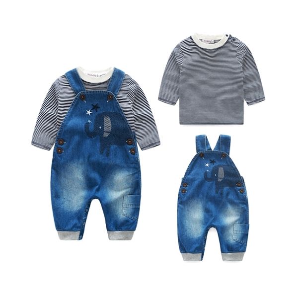 

boy striped t shirt baby with demin overalls casual kids bebes clothes y200323, White