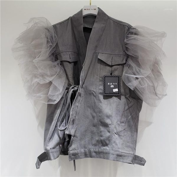 

high street grey denim vest for women new fashion autumn ruffles splicing mesh sleeveless jean jacket streetwear loose waistcoat1, Black;white