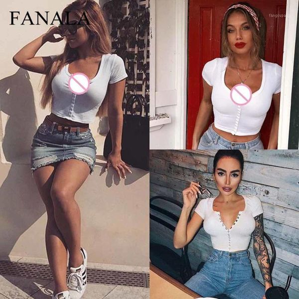 

women white t shirt skinny solid v neck short sleeve t-shirts bodycon summer short single-breasted cropped streetwear1