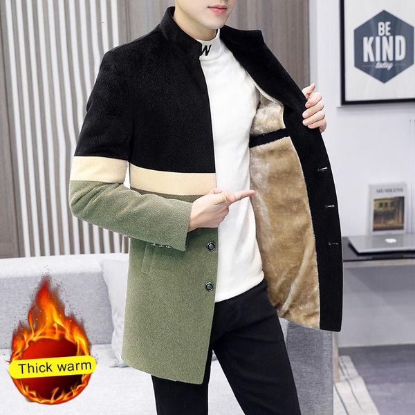 

winter color standing collar men's suit mid-length plush thick slim-fit wool coat long thick warm coat men's windbreaker, Black