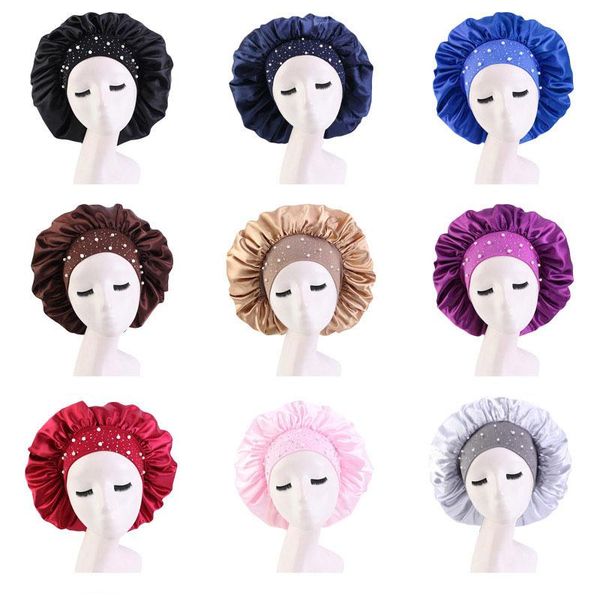 

beanie/skull caps large satin sleep night hat women stretch nightcap turban head scarf hair care bonnet silk cover wide elastic band beads, Blue;gray