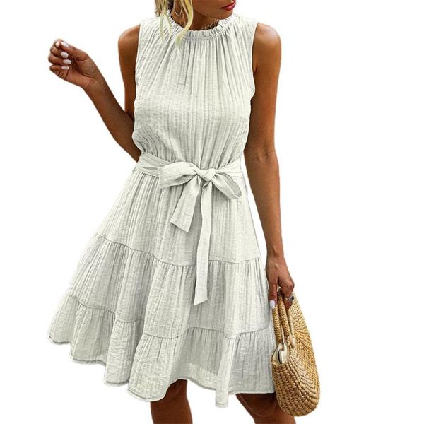 

2020 latset summer fashion solid color sleeveless lace-up female dress round neck a-line pleated casual dress, Black;gray