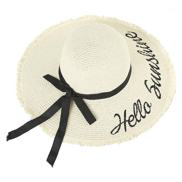 

women bowknot ribbon sun cap seaside letter beach outdoor summer wide brim straw hat camping walking embroidery adjustable1, Blue;gray