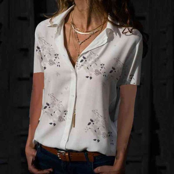 

print v-neck chiffon blouse women blouses summer elegant short sleeve female shirts plus size 5xl lapel blusas, White