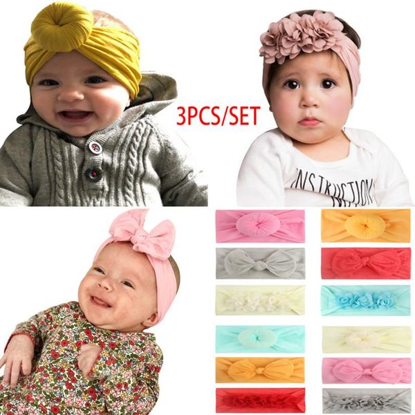 

baby girls knot ball donut headbands bow turban 3pcs/set infant elastic hairbands children knot headwear kids hair accessories, Slivery;white