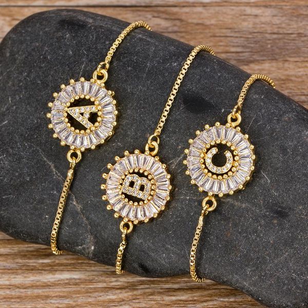 

cubic zirconia 26 alphabet letter charm adjustable bracelet copper a-z initial chain bracelets for women party wedding jewelry, Golden;silver