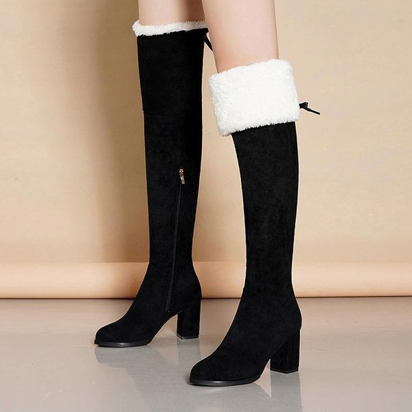 

women snow boots warm short fur plush winter thick heels boots ladies flock leather plush shoes female comfort high heels shoes, Black