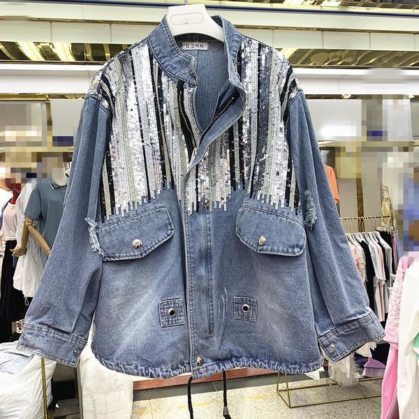 

women's jackets 2021 autumn loose heavy work sequins retro drawpicture worn denim jacket, Black;brown