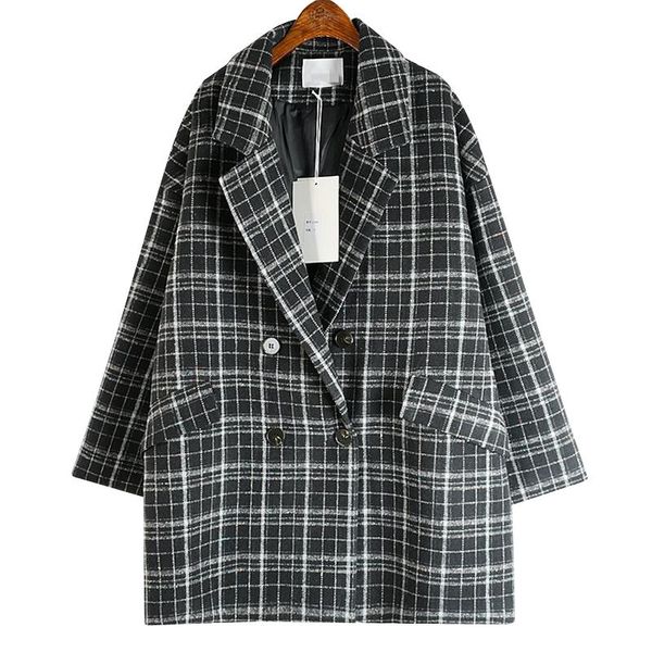 

women's wool & blends [ewq] woolen jacket plaid loose elegant wild high street full sleeve lapel collar 2021 spring autumn fashion gd13, Black