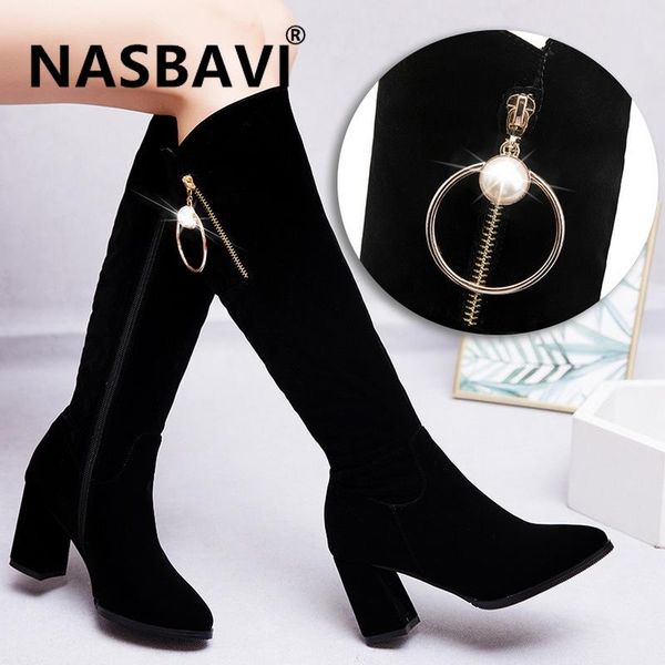 

boots nasbavi fashion suede contracted europe and america british style zipper high heel crystal metal decoration winter long boot, Black