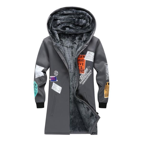 

men's trench coats autumn winter thick warm fleece plush lining coat long letters pattern d3, Tan;black