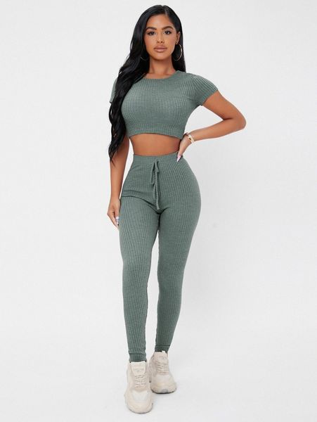

petite waffle knit crop tee & tie waist leggings set y54j#, White