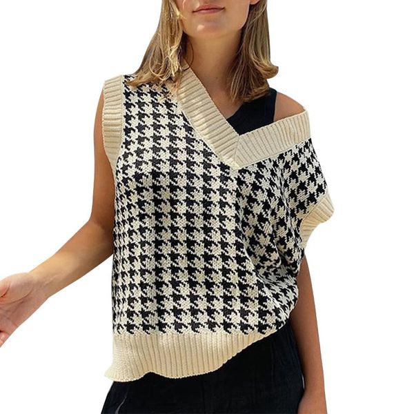 

women's vests 2021 fashion women oversized houndstooth knit vest sweater retro v-neck loose sleeveless winter autumn, Black;white