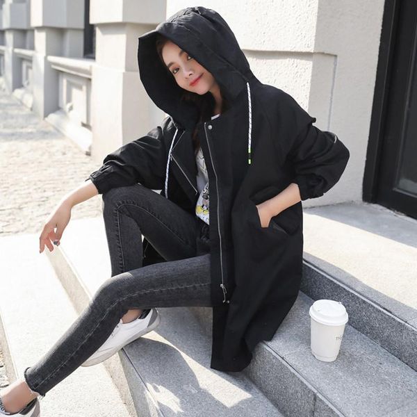 

women's trench coats 2021 women spring autumn hooded long coat harajuku bf thin casual loose outerwear female clothes windbreaker a1462, Tan;black