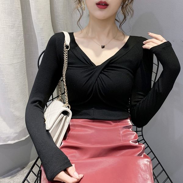 

2020 autumn new korean slim and slim bottoming for women fashion kink v-neck t- shirt shirthollowed out long sleeve t-shirt for women o, White
