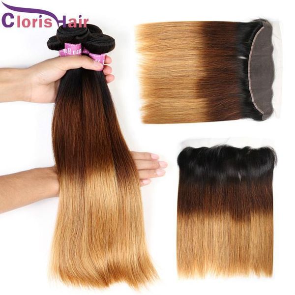 

t1b 4 27 full frontals closure bundles ombre blonde peruvian virgin straight ear to ear lace frontal closure with human hair weaves, Black;brown