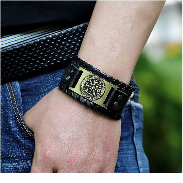

eif dock men's wide viking leather wrap bracelets rock punk compass charm male wrist jewelry length adjustable qylwbo