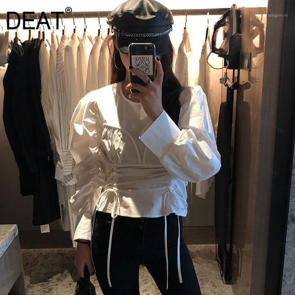 

deat 2020 new spring and summer fashion girl's clothing round neck vintage styles drawstring rope shirt female blouse wk43200m1, White