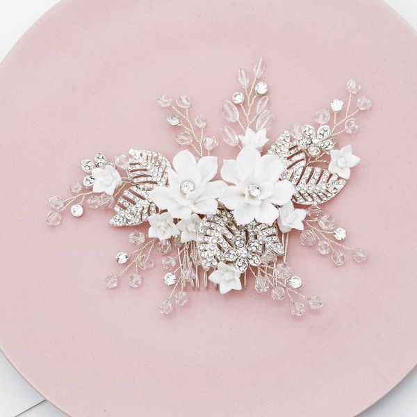 

white resin flower bridal wedding hair comb clip rhinestone jewelry hair pins for women accessories silver color bride headpiece, Golden;silver