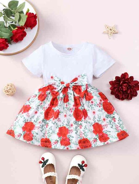 

baby floral print bow front dress she, Red;yellow