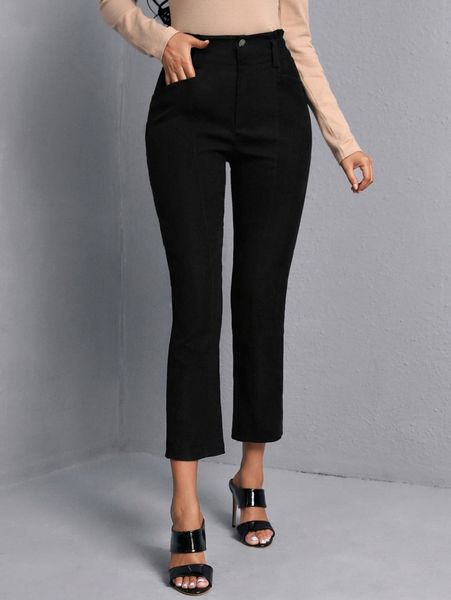 

high waist slant pocket boot-cut leg pants l5ix#, Black;white