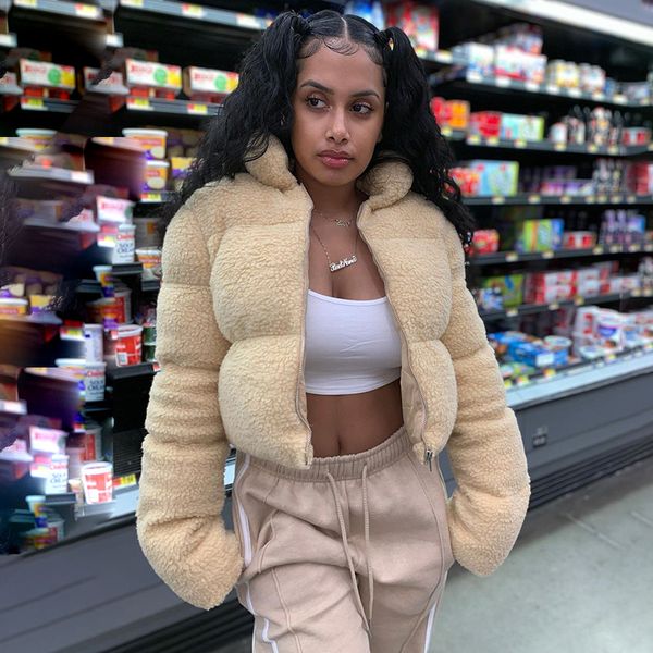 

women's autumn jacket and winter clean color fashion stand collar zipper long sleeve warm cashmere lamb cotton clothing 121602, Black;brown