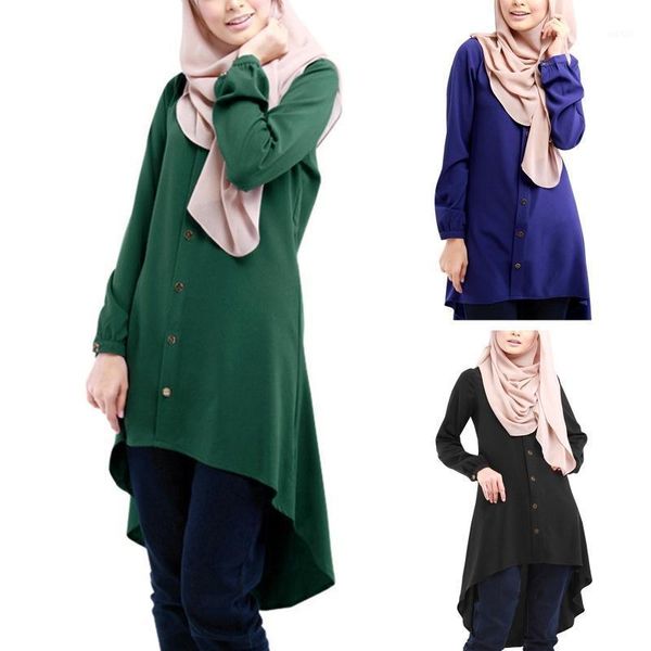 

women muslim long sleeve blouse dress buttons asymmetric loose shirt tunic e56c1, Red